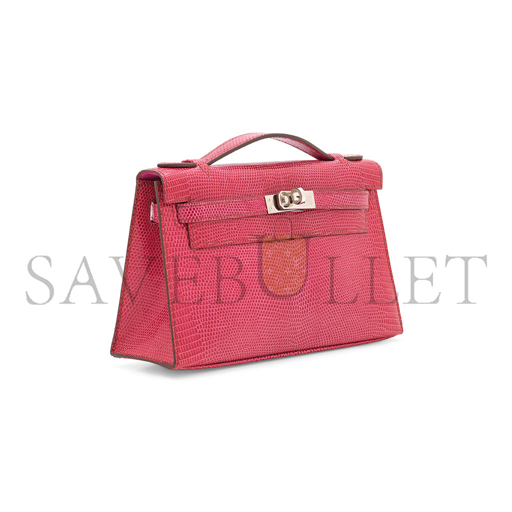 H**mes master a shiny fuchsia salvator lizard kelly pochette with palladium hardware (22*14*7cm)